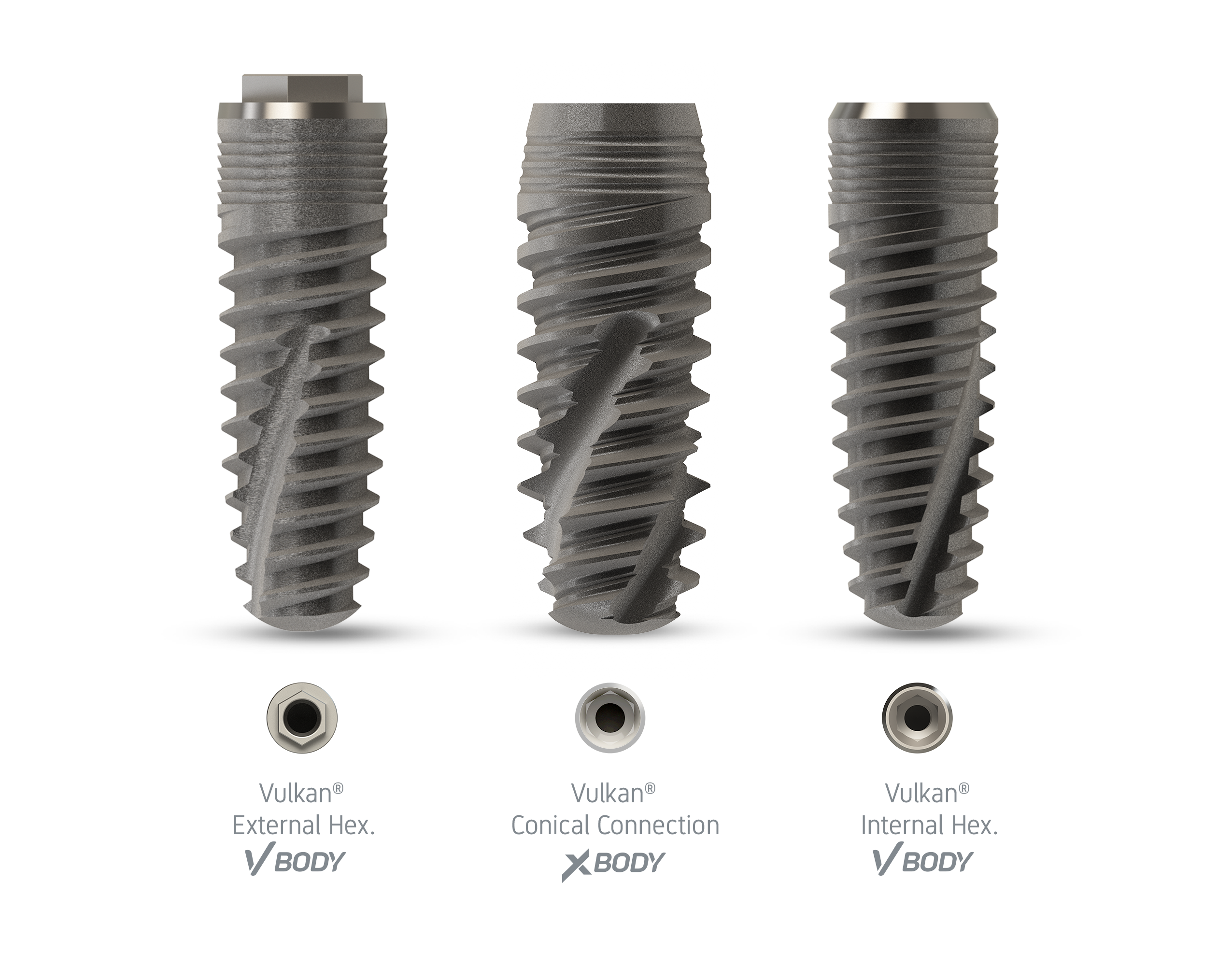 Dental implants system, internal hex., external hex. and conical connection